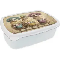 MuchoWow Broodtrommel Wit - Lunchbox Schaapjes - Eieren - Bloemen - Zonnebril - Brooddoos 18x12x6 cm - Brood lunch box - Broodtrommels voor kinderen en volwassenen