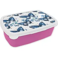 MuchoWow Broodtrommel Roze - Lunchbox Blauw - Vlinders - Bloemen - Wit - Brooddoos 18x12x6 cm - Brood lunch box - Broodtrommels voor kinderen en volwassenen