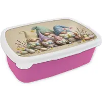 MuchoWow Broodtrommel Roze - Lunchbox Kabouters - Familie - Eieren - Pastelkleuren - Brooddoos 18x12x6 cm - Brood lunch box - Broodtrommels voor kinderen en volwassenen