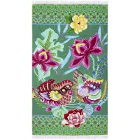 Happiness Strandlaken Harmony - 100x180 cm - 100% Katoen - Bloemen en Vogels - Aqua met Franjes