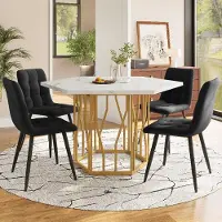 Sweiko Eettafel- en stoelset (5-delig), moderne hexagonale marmeren eettafel + 4 eetkamerstoelen van zwart fluweel, om een warme en moderne sfeer te creëren, met gouden tafelpoten