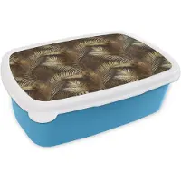 MuchoWow Broodtrommel Blauw - Lunchbox Tropisch - Bladeren - Goud - Brooddoos 18x12x6 cm - Brood lunch box - Broodtrommels voor kinderen en volwassenen
