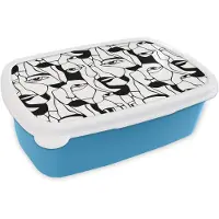 MuchoWow Broodtrommel Blauw - Lunchbox Lijnen - Gezichten - Zwart - Wit - Brooddoos 18x12x6 cm - Brood lunch box - Broodtrommels voor kinderen en volwassenen