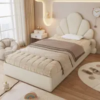 OKWISH Gestoffeerd Bed 90x200cm – Bladvormig Hoofdbord – Met Lattenbodem – Antislip Onderzijde – Voor Kinderkamer – Fluweel – Zonder matras – Beige