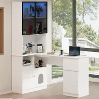 STILVORA Hoekbureau - Met Kast, Led-Vitrinekast En 3 Laden - Voor Thuiskantoor En Studie - MDF - 120x80x180 Cm - Wit