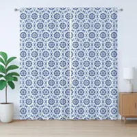 Abakuhaus Blauw Mandala Rustiek Gordijn, Abstract Bloemenmotief, met Bandjes en Haken voor de Woonkamer, 280 x 225 cm, Koningsblauw Marineblauw
