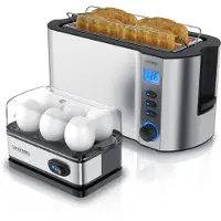 Arendo ontbijtset, 2-delig, inclusief:* MANHA 4-sleuf broodrooster, 1500 W, 6 bruiningsgraden.* Eierkoker SIXCOOK, 400 W, geschikt voor 6 eieren.* Broodjesaccessoire.* Keukenapparatuurset in zilver
