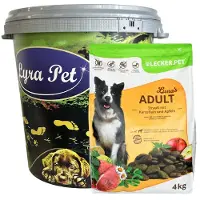 Lyra 4 kg Lecker.Pet Luna's Adult Ostrich met aardappel en appel hondenvoer droogvoer compleet voer in een bak van 30 liter