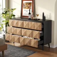 STILVORA dressoir met 6 lades, commode/opbergkast zonder handgrepen, met geometrische patronen, bijzettafel met zwarte poten, zwart en naturel