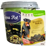 Lecker.Pet 4 kg Gino's Adult Maxi hondenvoer met kip, droogvoer, compleet voer in een verpakking van 30 liter.