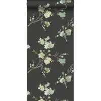 ESTAhome behang kersenbloesems groen, okergeel en zwart - 53 cm x 10.05 m - 148719