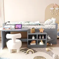 OKWISH Kinderbed 90x200cm – Met Bureau En Stopcontacten – Met Opbergkasten En Instaptrede – Zonder Matras – Hout – Grijs