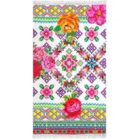 Happiness Strandlaken Yucatan - 100x180 cm - 100% Katoen - Bloemen en Figuren - Wit/Roze met Franjes