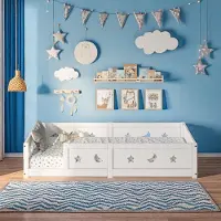 ProximaX kinderbed 90x200 cm met spijlen – Montessori vloerbed, valbeveiliging, sterren- en maandschildering, wit, kinderbedframe