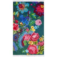 Happiness Strandlaken Mandy - 100x180 cm - 100% Katoen - Bloemen en Vogels - Groen/Blauw met Franjes