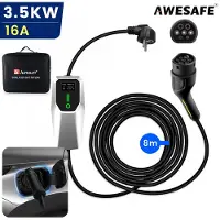 AWESAFE Laadkabel Auto - Mobiele Thuislader EV-Lader Type 2 - Geschikt Voor Elektrische Auto - 3.5 kW - Waterdicht - 8M - 6A/8A/10A/13A/16A Schakelbaar - Met handtas - Wit
