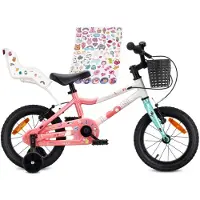 Sun baby Kinderfiets 14 Inch LOOFI, Fiets voor Meisje 3-5 Jaar, lichtgewicht 6.6 kg, aluminium frame, met poppenzitje, zijwieltjes, mandje, bel, stickers - Wit-Roze-Mint
