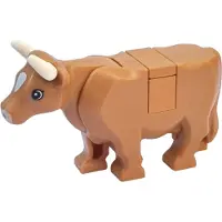 LEGO [N] Mediumgroot koeienbeeldje, nougatkleurig, met een lichtnougatkleurige snuit en een witte vlek op het hoofd. Het beeldje heeft korte hoorns (met een tegel aan de bovenkant)