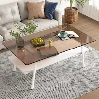 OKWISH Salontafel - Gehard Glazen Blad - Woonkamer En Zitkamer - MDF Bruin Met Witte Metalen Poten - 98x58x42,5 Cm