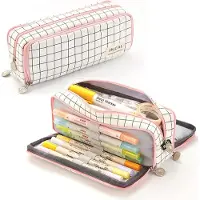 Mc star Pennenetui, pennenbak, etui voor tienermeisjes, etui met vakken voor pennen, 3 compartimenten, grote capaciteit, pennenhouder voor school en kantoor, roosterprint