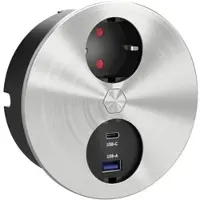 NABER Dubbele USB-A en USB-C stekkerdoos, rond, met Schuko-stopcontact, roestvrij staal