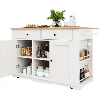 Merax Keukeneiland op Wielen met Stopcontacten en Opklapbaar Werkblad - Keukenkast met 2 Lades en 6 Vakken - Wit met Houtkleurig Blad - 151,5 x 59,7/84,7 x 91,7 cm