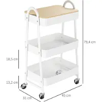 Merax Keukentrolley met Werkblad en 3 Niveaus - Metalen Serveerwagen met Wielen en Rem - Opbergwagen voor Keuken en Woonruimte - Wit - 45 x 31 x 79,4 cm