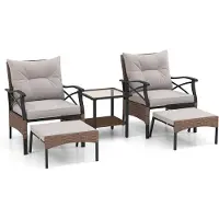 KOMFOTTEU 5-delige tuinset van PE-rotan, bestaande uit 2 stoelen met kussens en 2 voetenbankjes, een glazen salontafel met plank en een stoel, voor terras