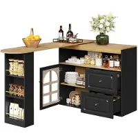 Merax Draaibare Bartafel 360° met Uitschuifbaar Werkblad - Keukeneiland met Lades en Opbergruimte - Sideboard Kast met Glazen Deur en Rekken - Zwart