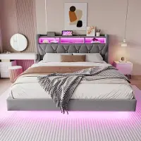 Merax Gestoffeerd bed 180x200 cm - met stopcontact en opbergruimte - LED-verlichting - verbrede bedpoten - lichtgrijs - zonder matras
