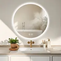 OKWISH Badkamerspiegel – Led Verlichting 70 cm – Rond – Glas En Metaal – Zilver – Wandmontage Met Anti Condens