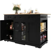 Merax Keukeneiland met Uitschuifbaar Werkblad en Wielen - Keukenwagen met Lades Kast en Glazen Deur - Buffetschrank met Opbergruimte en Verstelbare Planken - Zwart Houtlook
