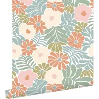 ESTAhome behang bloemen in Matisse stijl turquoise, oranje, olijfgroen en beige - 53 cm x 10.05 m - 131004