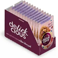 Delickcious volwassen honden natvoer vlokken met lam en wilde bessen in romige saus 12x80g