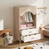 OKWISH Kinderkledingkast - Open Garderobekast Met 2 Laden En Kledingroede - Wit Natuurlijk Hout - 80 x 46 x 141,5 cm