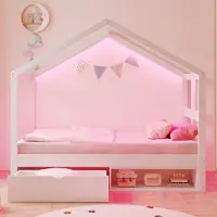 Merax Hemelbed 90×190 cm - met lade en klein schoenenkastje - met LED-verlichting - eenpersoonsbed - wit - zonder matras