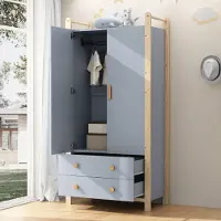 OKWISH Kledingkast – 2 Deuren en 2 Laden – Met Kledingroede – Voor Slaapkamer of Hal – Blauw en Grenen – 90x45x180 cm