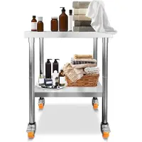 ACXIN RVS Werktafel Met Wielen Met Rem - 201 RVS + MDF - Verstelbare Poten - 300kg - 85x61x46cm