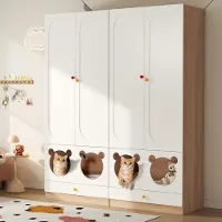 OKWISH Kinderkledingkast Set Van 2 - Met Kledingroede En Huisdierhoek - Kinderkamer - MDF Naturel Wit - 160x50x200 cm