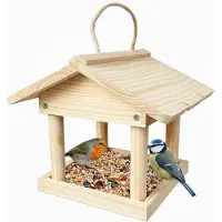 Merkloos vogelvoederhuis - hout - 26x22x22 cm - naturel - met dak - met ophanghaak