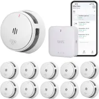 SAVS LinkSmart Slimme Rookmelder bundel - 10 S10-W Rookmelders en G10 Base Station - Werkt via app - WiFi gateway - Draadloos RF koppelbaar - Brandalarm - Smart home