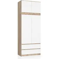 Akord Kleidingkast S90 met Opzetstuk, 2 Deuren en 2 Lades / Furniture Factory / Sonoma Eik - Wit / 90 x 234 x 51 cm