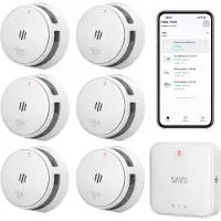 SAVS LinkSmart Slimme Rookmelder bundel - 6 S10-W Rookmelders en G10 Base Station - Werkt via app - WiFi gateway - Draadloos RF koppelbaar - Brandalarm - Smart home