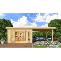 Karibu tuinhuis, tuinhuis, Radeburg, set van 3, afmetingen 3,3 meter, aanbouwdak, onbehandeld hout, 665x369x229,5 cm
