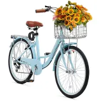 Vevor Cruiserfiets met 7 versnellingen (banddiameter 61 cm) Strandfiets met grote mand en bagagedrager