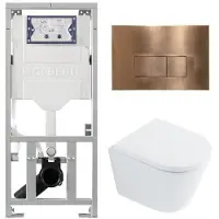 Geberit QeramiQ Dely Toiletset - 36.3x51.7cm - diepspoel - rimless - UP320 inbouwreservoir - met Burda frame - softclose toilet zitting - 35mm - koperen bedieningsplaat - rechthoekige knoppen - glans