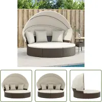 The Living Store Loungebed met luifel en kussens poly rattan bruin - Loungebed - Tuinset - Lounge Set - Outdoor Furniture - Relaxstoel