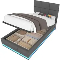 MODFU Bedframe 140x200 cm – naturel MDF – met hydraulische opbergruimte, 3 USB, Type-C en opbergvakken