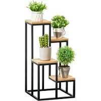 Outsunny Bloemenstandaard - Metaal - 34x34x66cm - Natuurlijk Hout