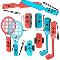 Hurtel Accessoireset Geschikt Voor Nintendo Switch Sports 10-in-1 - Familie Sport Pack - Joy-Con Rackets, Golfclubs & Zwaarden - Rood/Blauw